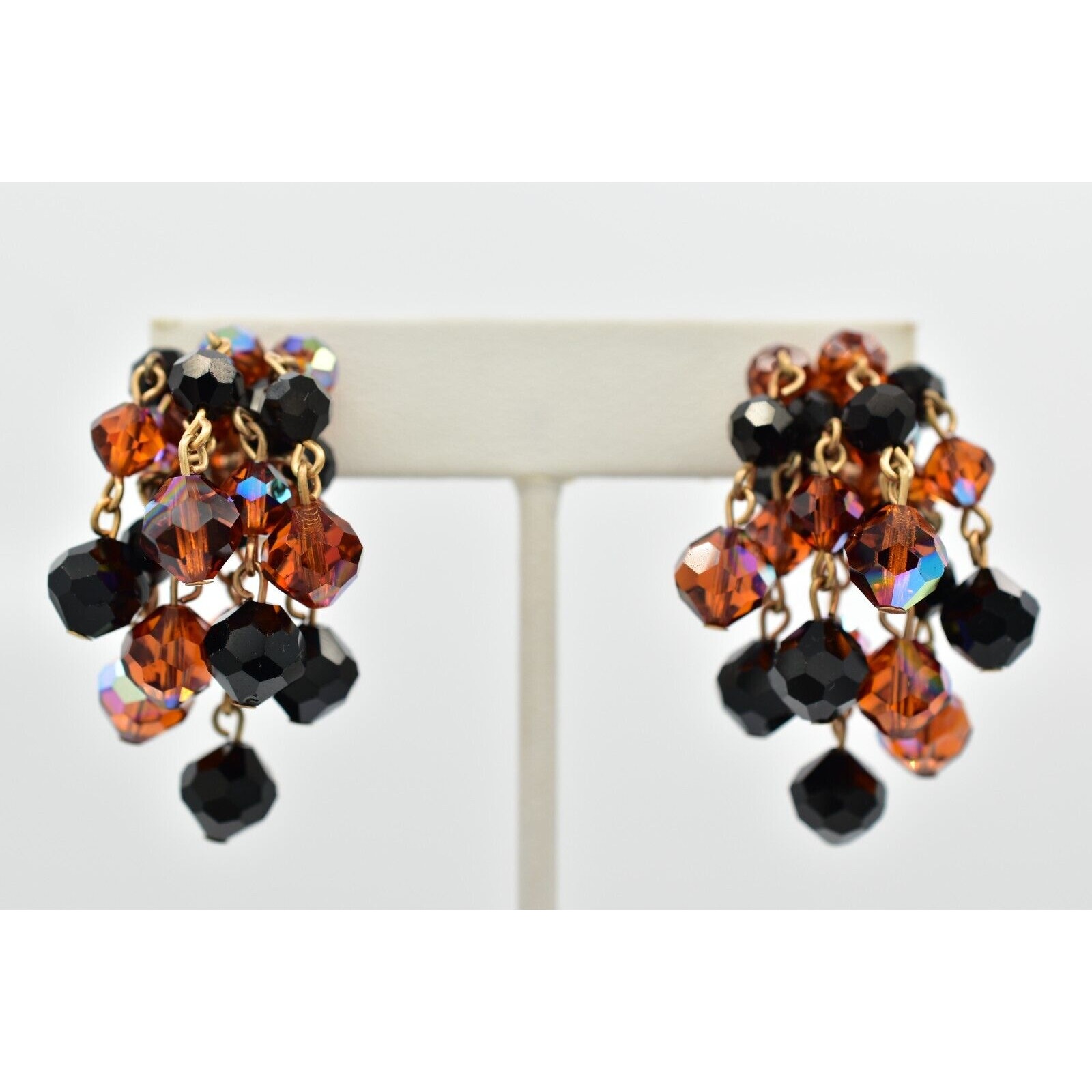 Laguna Vintage Clip On Crystal Earrings Chandelier Black Orange Signed 1950s A24